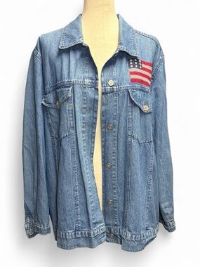 Denim & Co American Flag Embroidered Denim Jacket 1X Plus Blue Jean Americana